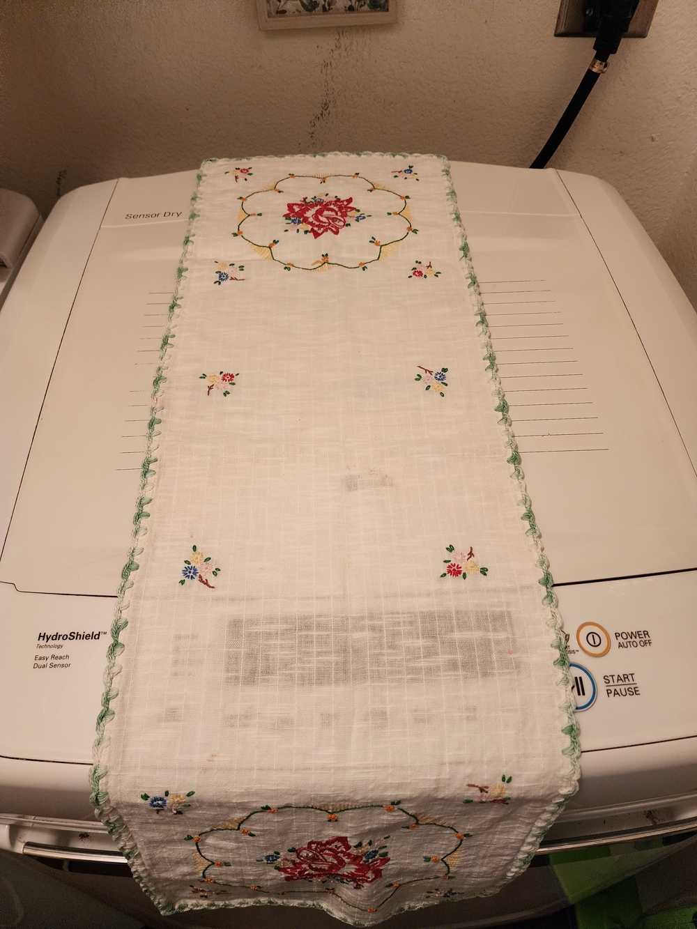 Vintage Embroidered Floral Linen Table Runner with Green Trim